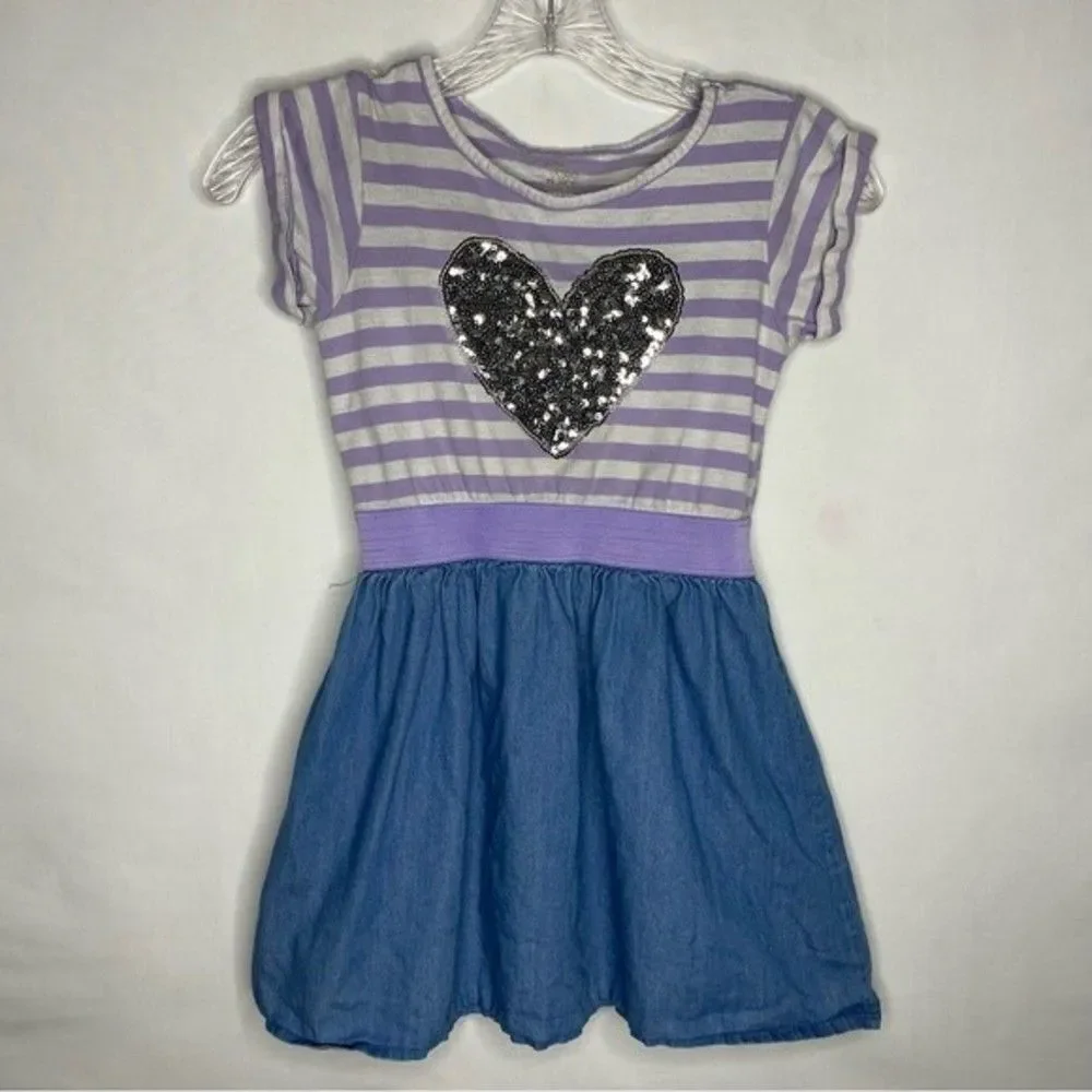 5/$15 Children's Place Purple White Blue Striped Sequin Heart Short Sleeve Play